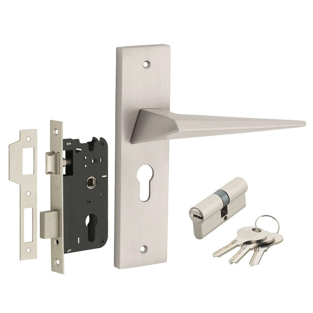 IPSA Carrot Iris Handle Series on 8" Plate CYS Lockset with 60mm Both Side Key Cylinder- MSS Finish